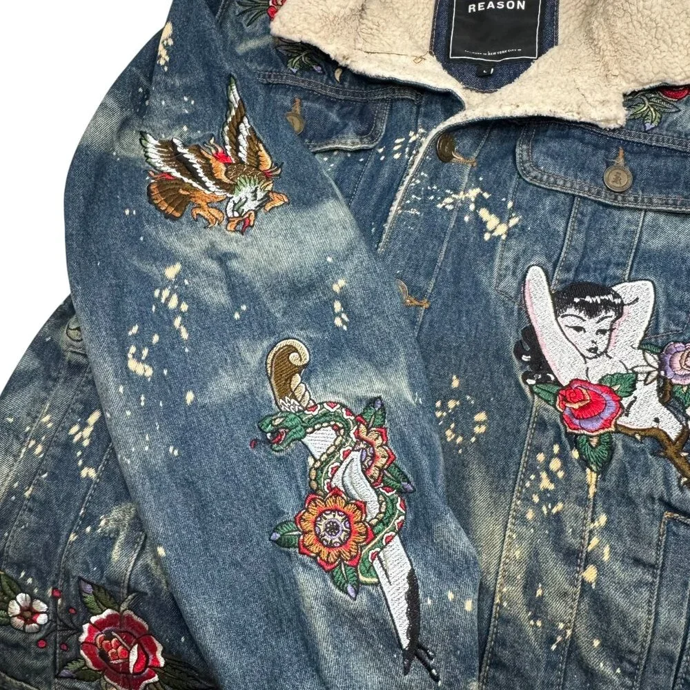 Reason Denim Sherpa Trucker Jacket Death Before Dishonor Embroidered Tattoo sz L